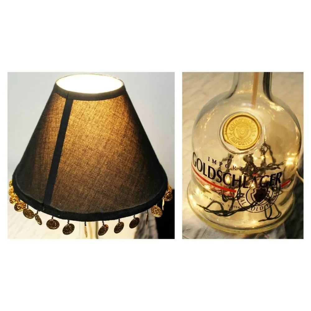 Goldschlager Table Lamp Clear Bottle Black Shade Coin Fringe Handmade Rice Light